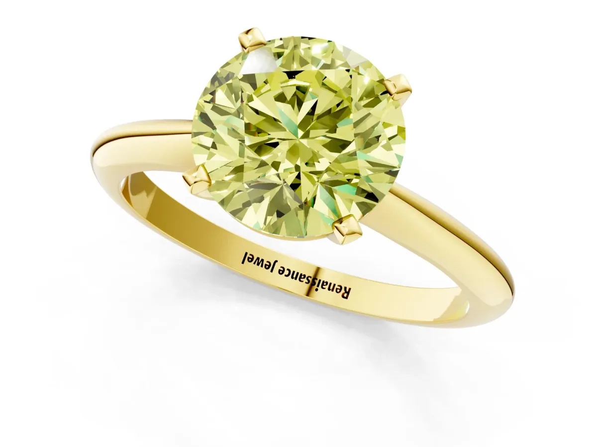 Fancy Yellow Round Cut Diamond Solitaire Engagement Ring with Classic Band and Four-Prong Setting Yellow gold