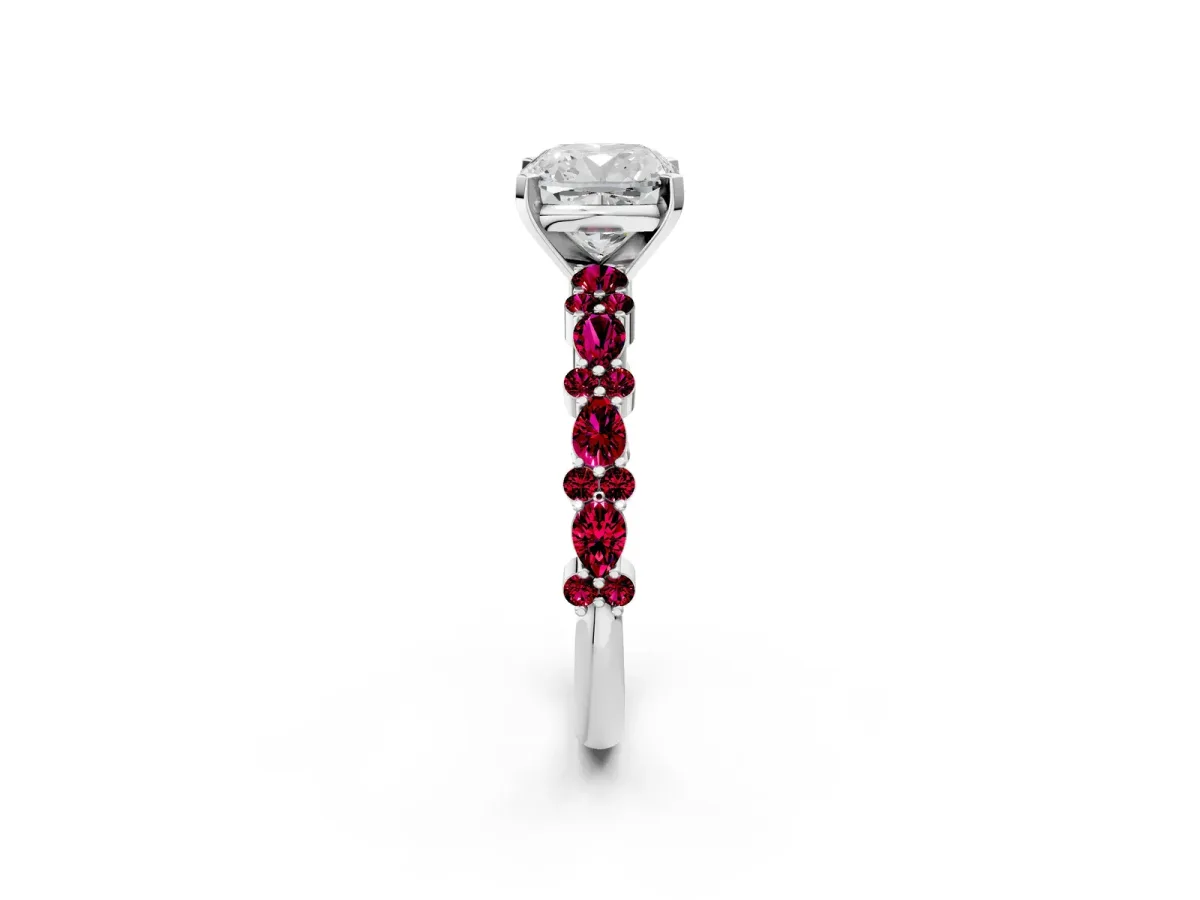 Cushion Cut Diamond Side Stone Solitaire Ring with Round Garnet and Four-Prong Setting Platinum