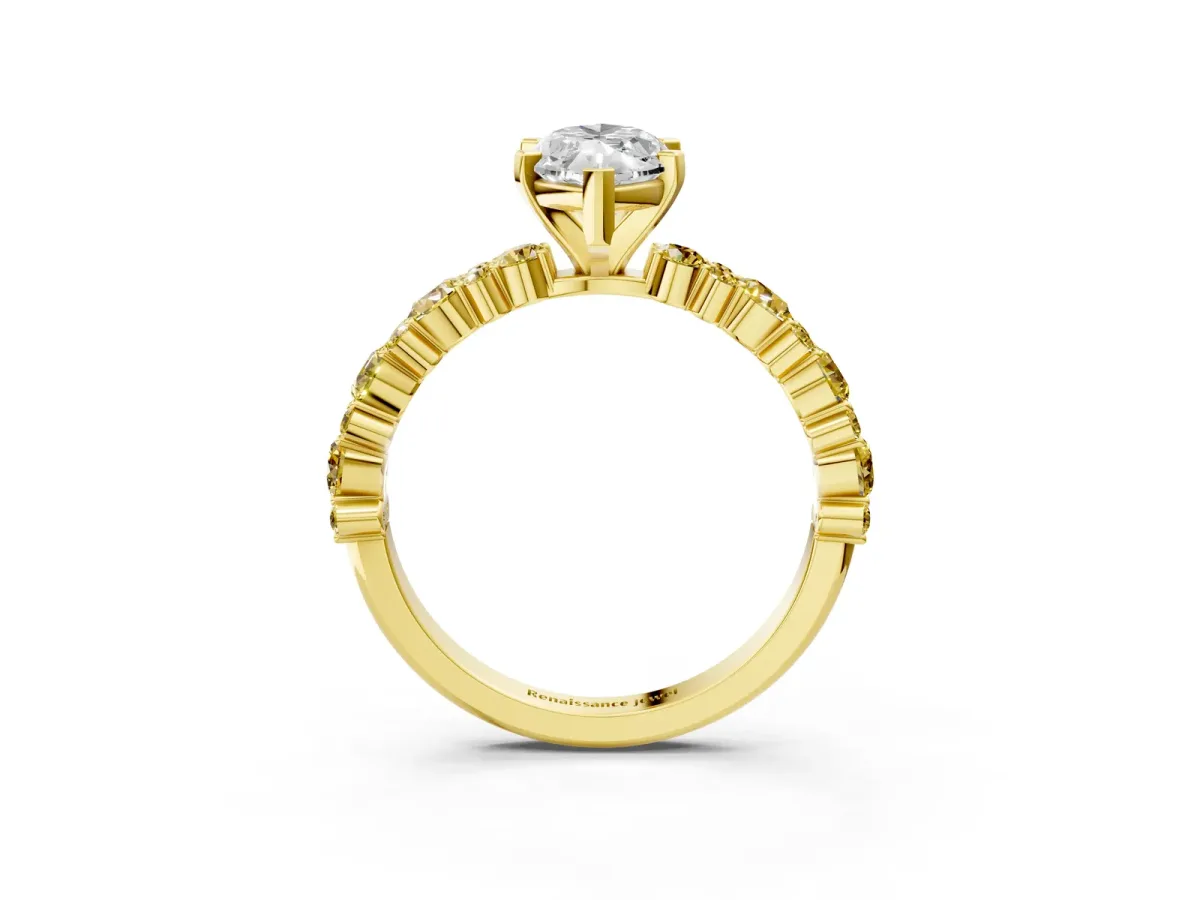 Marquise Cut Diamond Side Stone Solitaire Ring with Round Yellow Sapphire and Four-Prong Setting Yellow gold