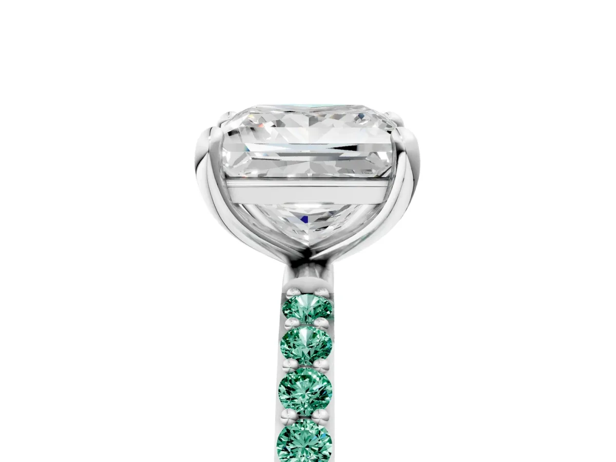 Princess Cut Diamond Solitaire Ring with Round Green Sapphire Pavé Band and Prong Setting Silver