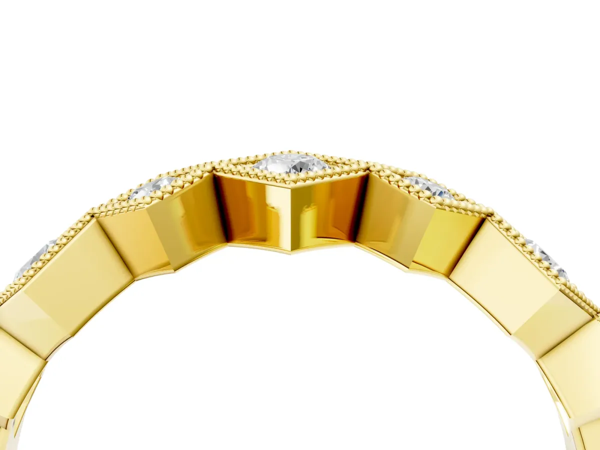 Milgrain Square Bezel Round Diamond Chevron Band Yellow gold