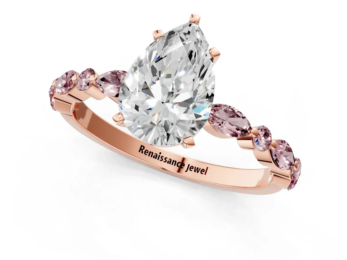 Pear Cut Diamond Ring with Marquise and Round Morganite Side Stones and Four-Prong Setting Rose gold