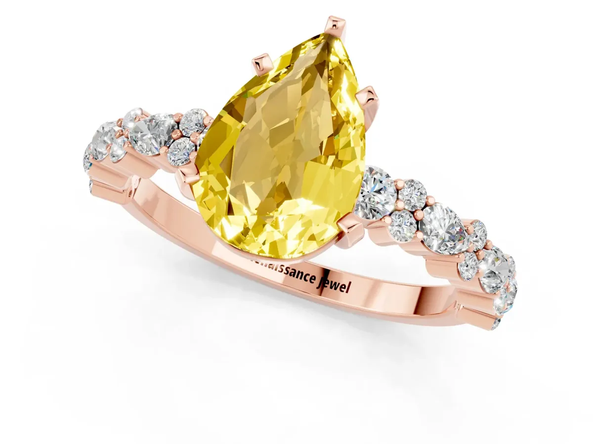 Pear Cut Yellow Sapphire Side Stone Solitaire Ring with Round and Four-Prong Setting Rose gold