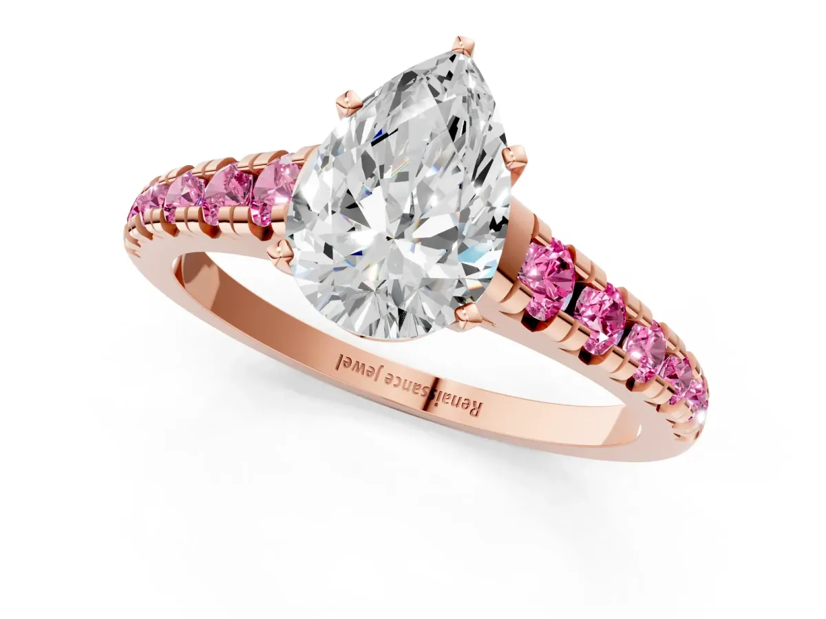 Pear Cut Diamond Cathedral Solitaire Ring with Round Pink Sapphire Pavé Band Rose gold