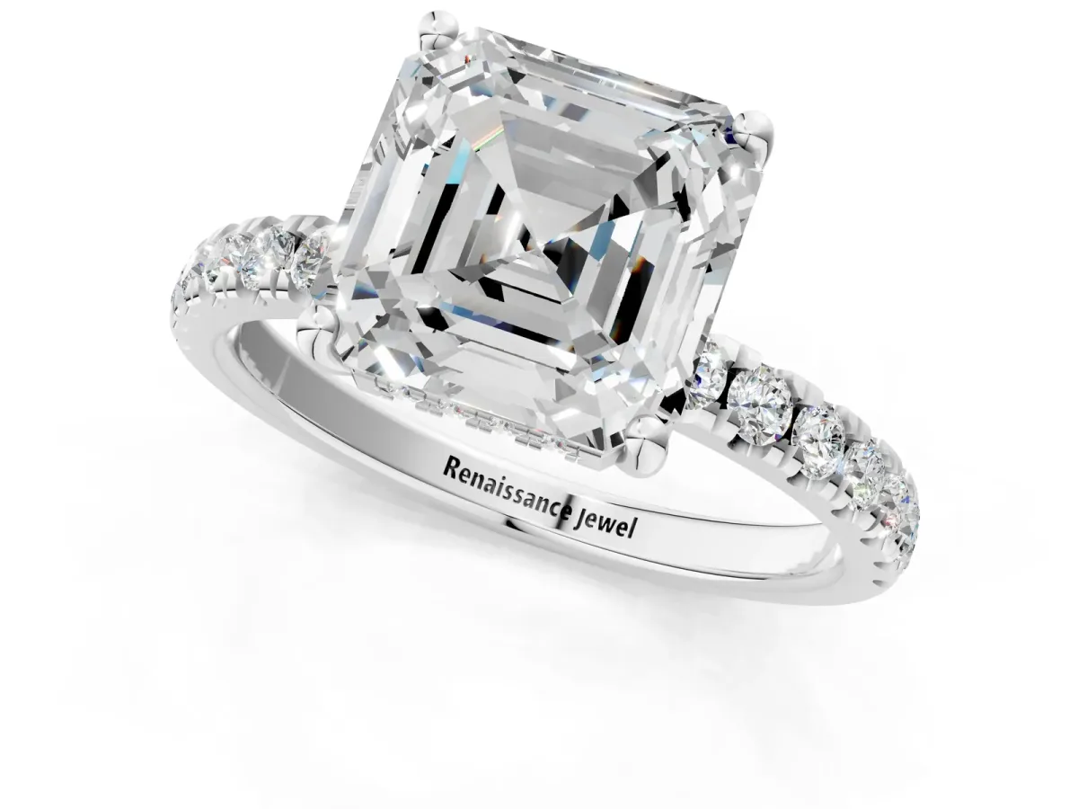 Asscher Cut Diamond Pave Band Solitaire Ring with Round Moissanite and Prong Setting Platinum