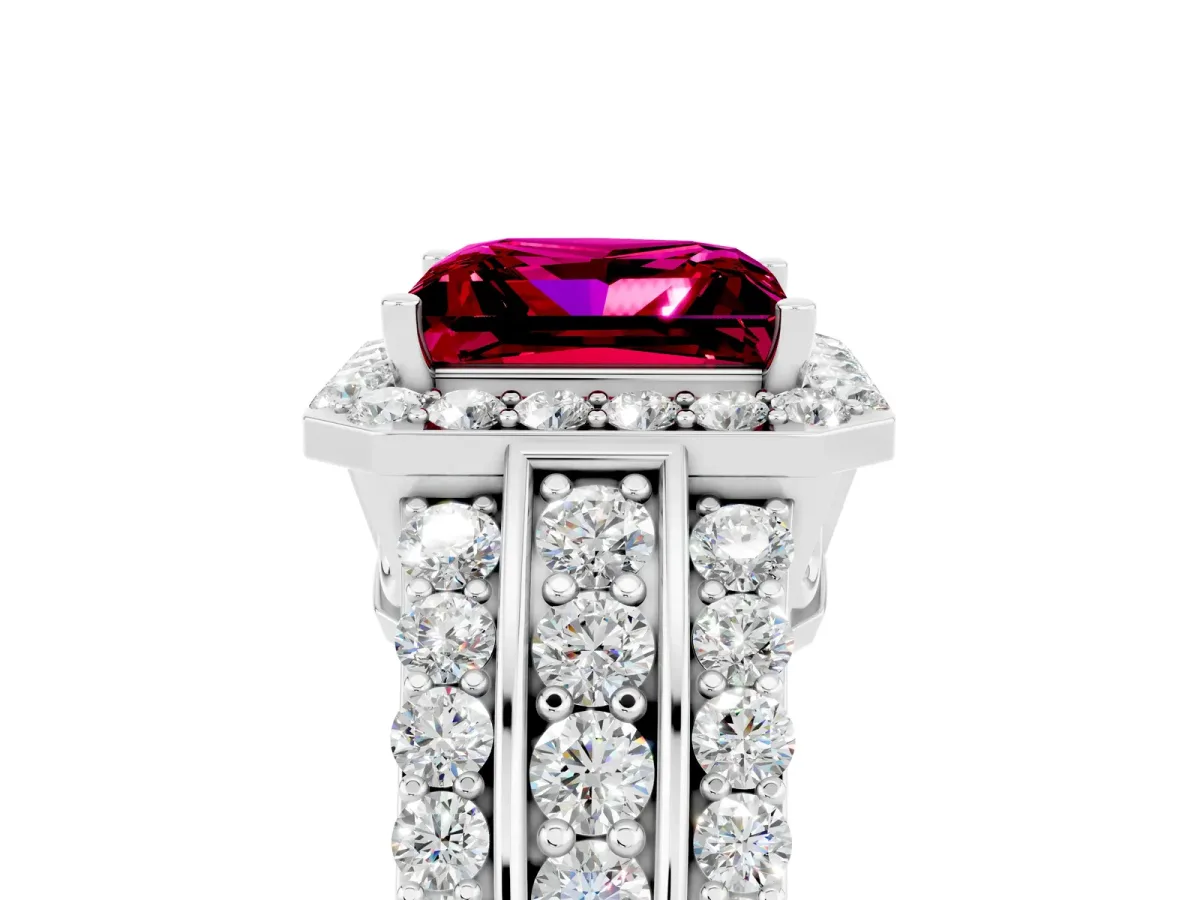 Princess Cut Halo Garnet Ring with Round Split Shank and Prong Setting Silver