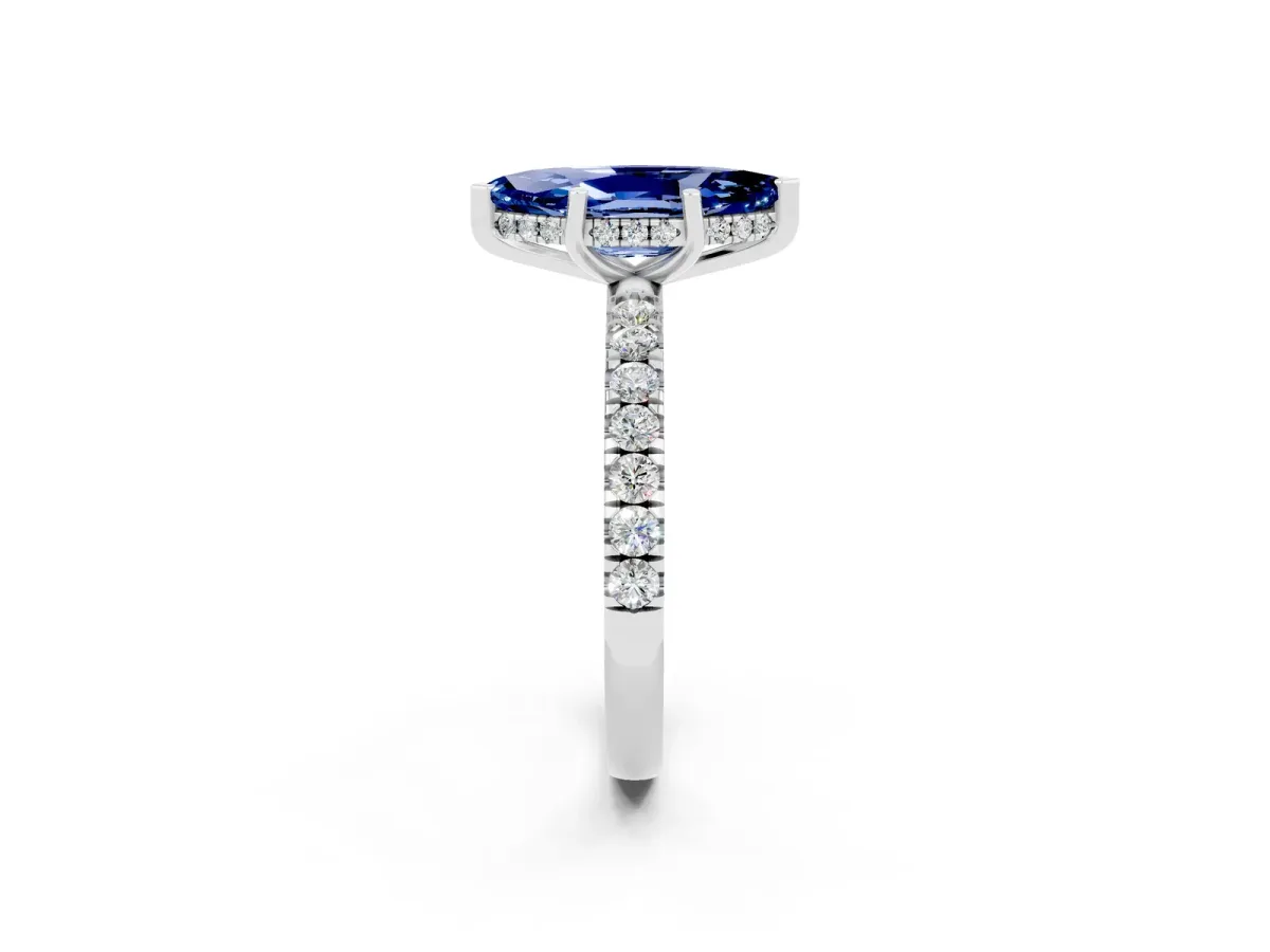 Marquise Cut Blue Sapphire Pave Band Solitaire Ring with Round and Prong Setting Platinum