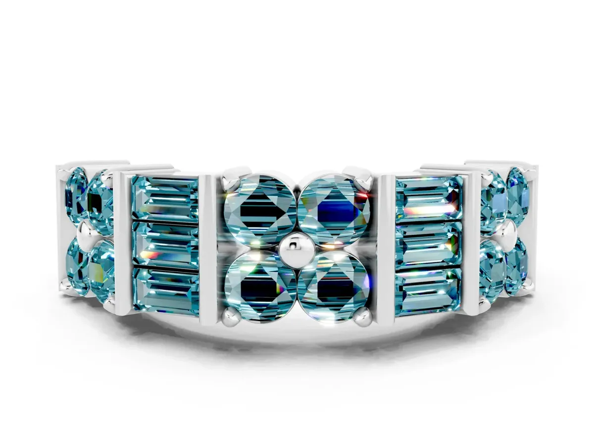 Channel Set Round and Baguette Blue Topaz Anniversary Band with Prong Setting Silver