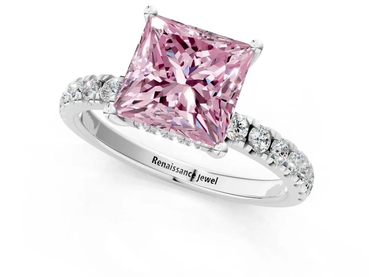 Fancy Pink Princess Cut Diamond Pave Band Solitaire Ring with Round and Prong Setting Platinum