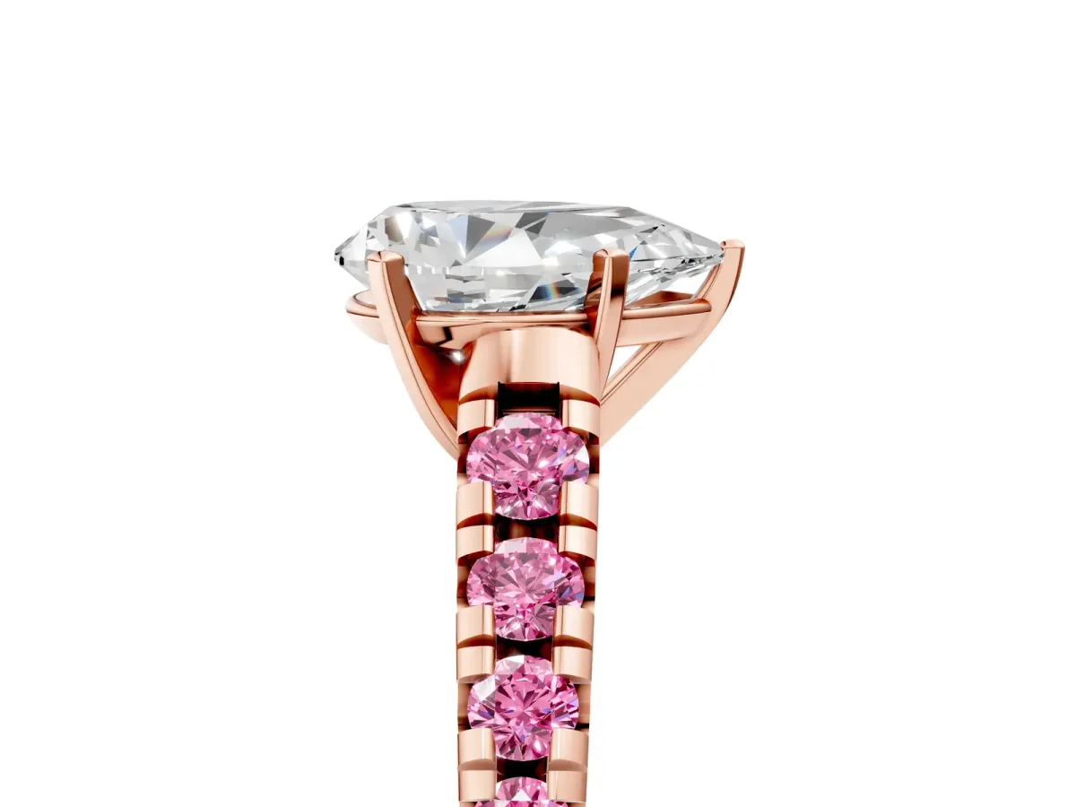 Pear Cut Diamond Cathedral Solitaire Ring with Round Pink Sapphire Pavé Band Rose gold