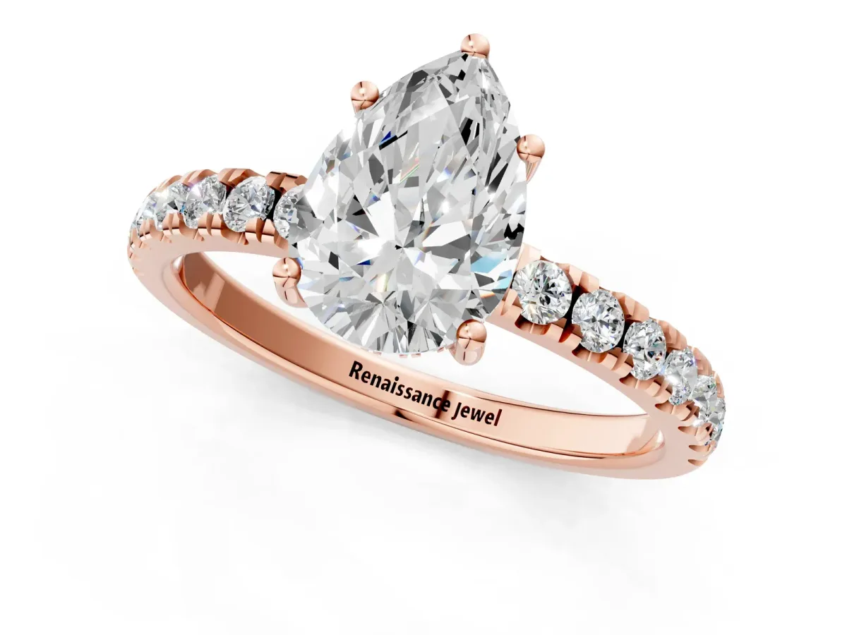 Pear Cut Diamond Pave Band Solitaire Ring with Round and Prong Setting Rose gold