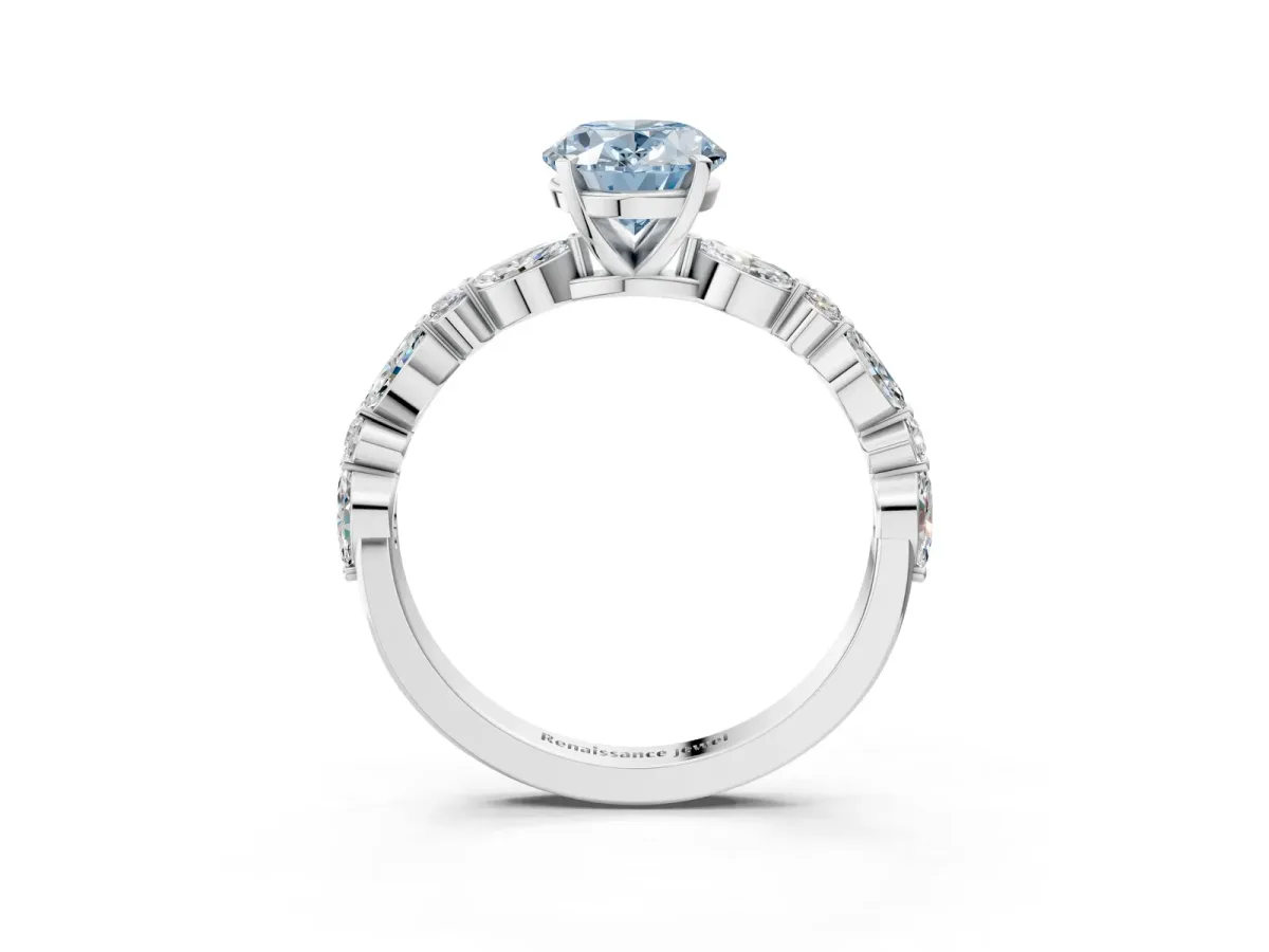 Fancy Blue Oval Cut Diamond Ring with Marquise and Round Side Stones and Four-Prong Setting Platinum
