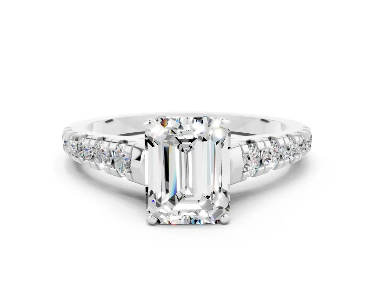 Emerald Cut Moissanite Cathedral Solitaire Ring with Round Pavé Band Platinum