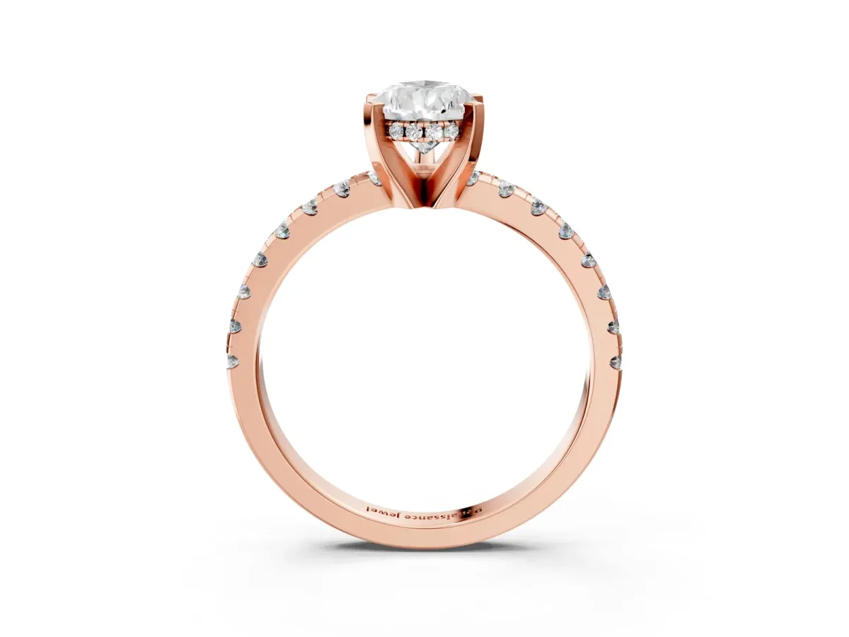 Pear Cut Diamond Solitaire Ring with Round Pavé Band and Four-Prong Setting Rose gold