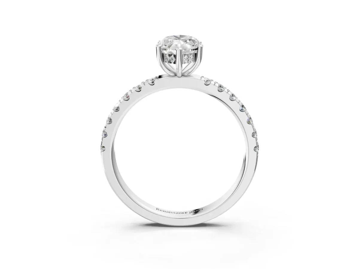 Marquise Cut Diamond Pave Band Solitaire Ring with Round Moissanite and Prong Setting Silver