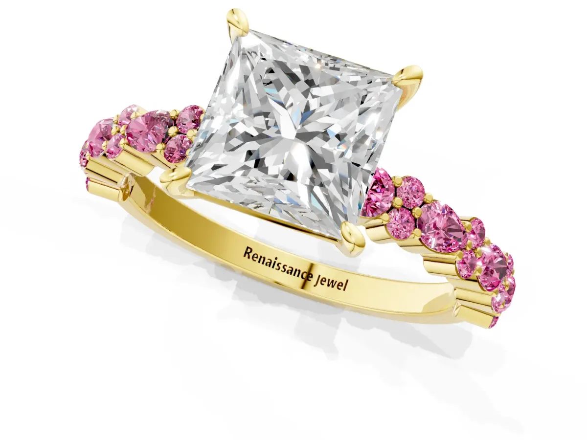 Princess Cut Diamond Side Stone Solitaire Ring with Round Pink Sapphire and Four-Prong Setting Yellow gold