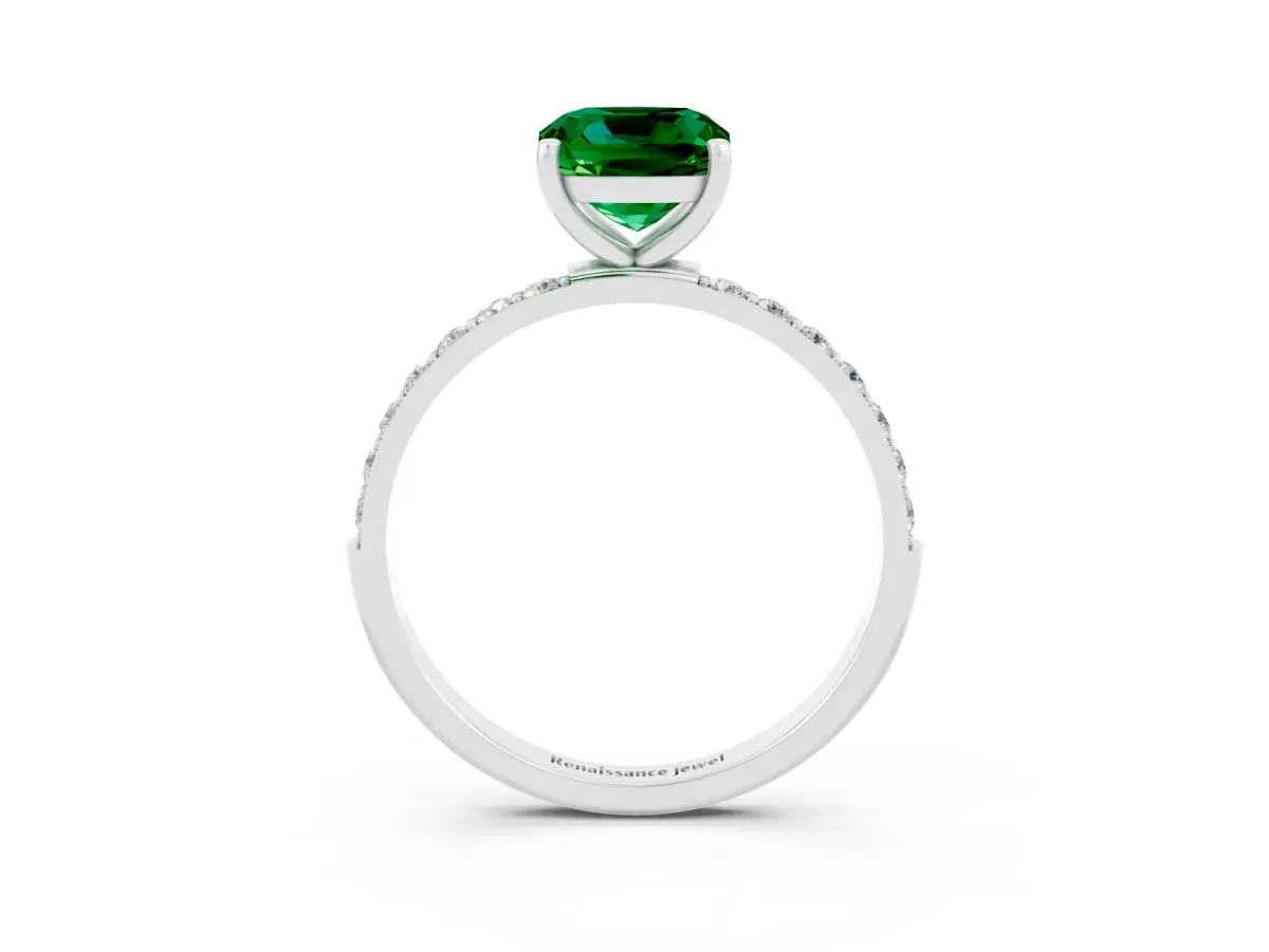 Cushion Cut Emerald Solitaire Ring with Round Pavé Band and Prong Setting White gold