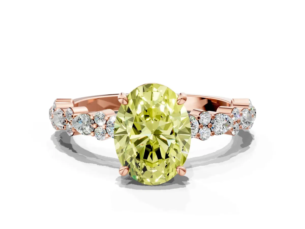 Fancy Yellow Oval Cut Diamond Side Stone Solitaire Ring with Round and Four-Prong Setting Rose gold