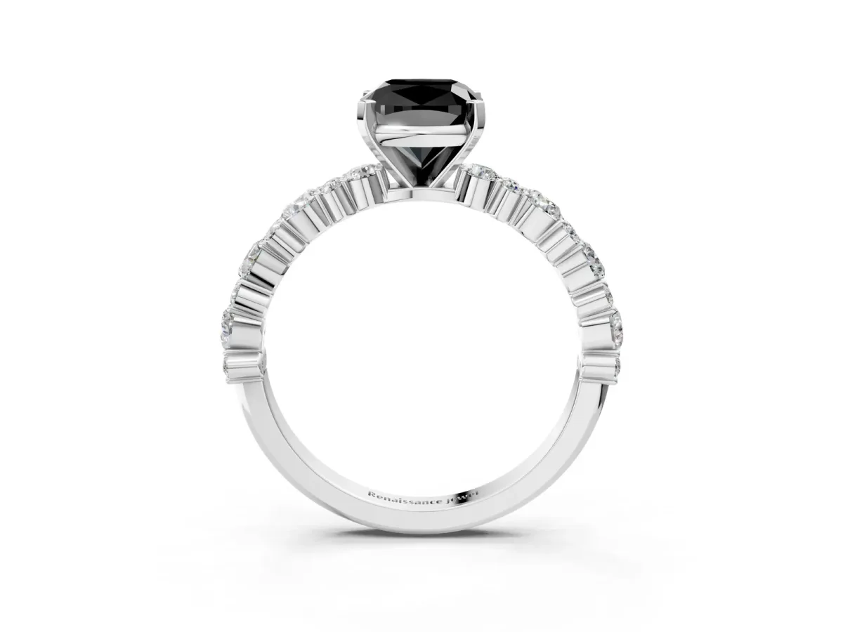 Fancy Black Cushion Cut Diamond Side Stone Solitaire Ring with Round and Four-Prong Setting Platinum