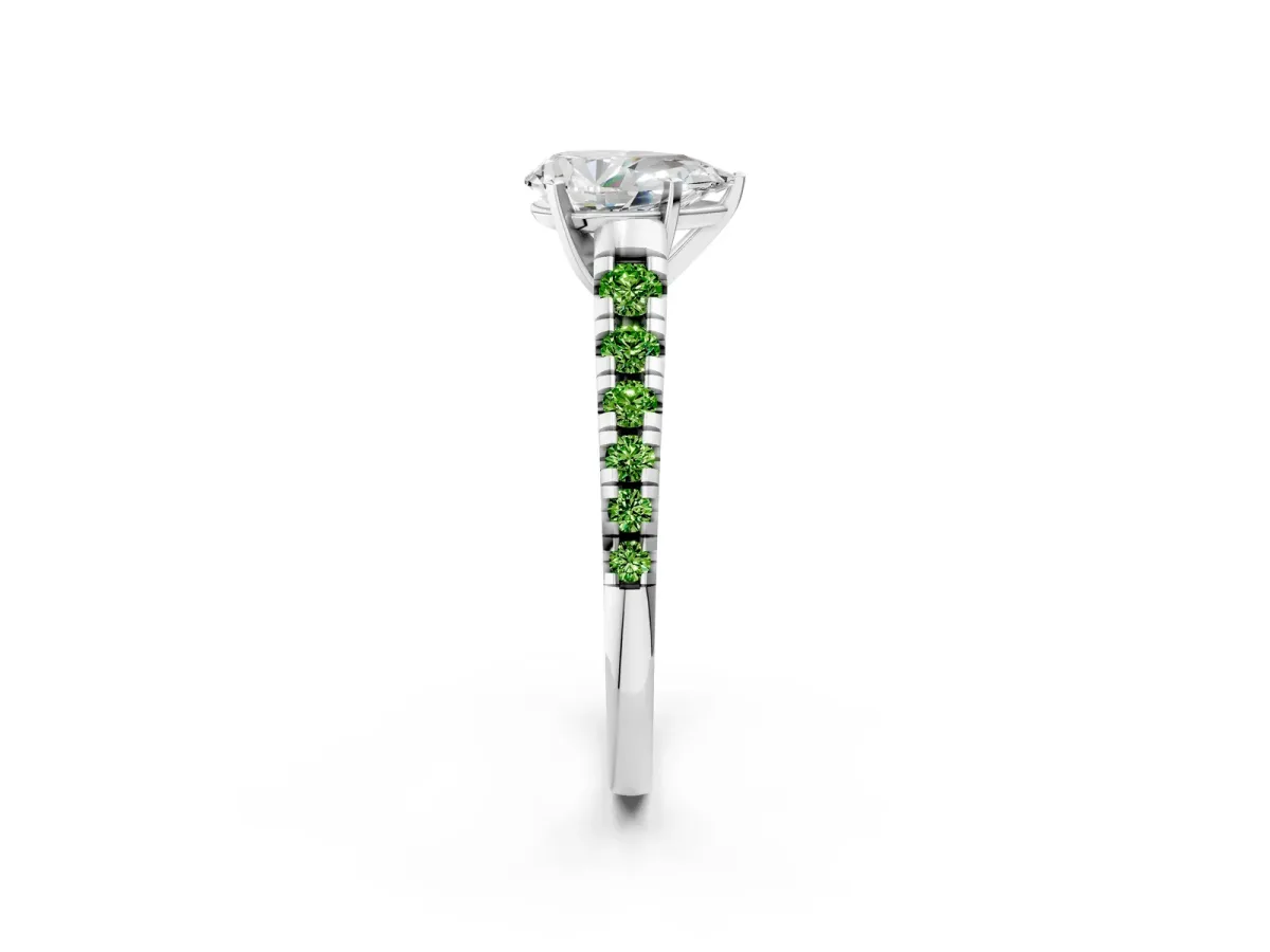 Pear Cut Diamond Cathedral Solitaire Ring with Round Peridot Pavé Band White gold