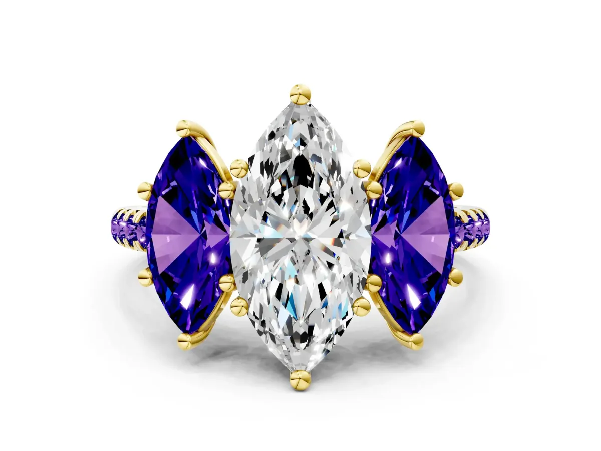 Three-Stone Marquise Cut Diamond Ring with Round Tanzanite Pavé Band and Prong Setting Yellow gold