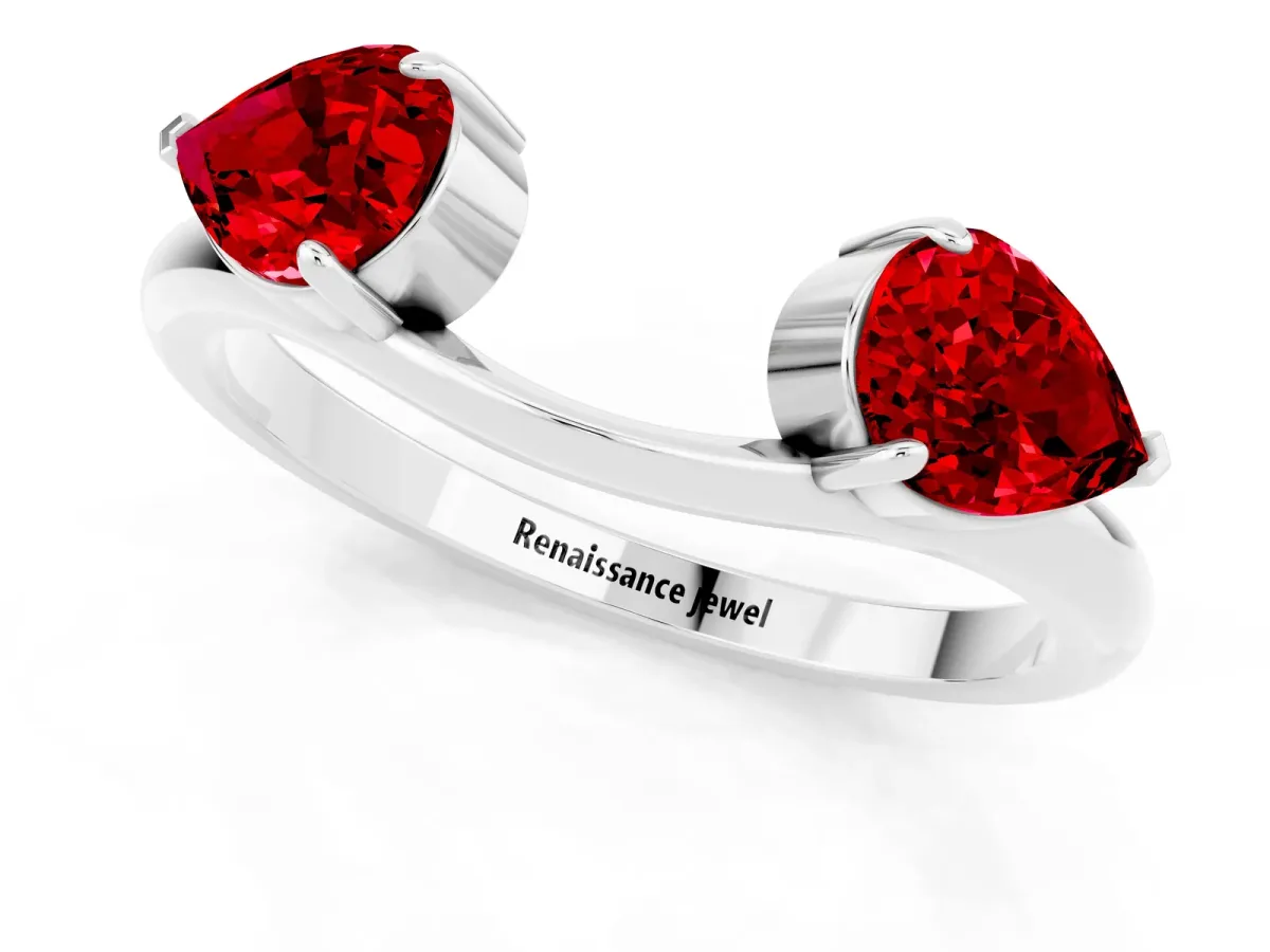 Two-Stone Pear Ruby Bypass Ring with Prong Setting Platinum