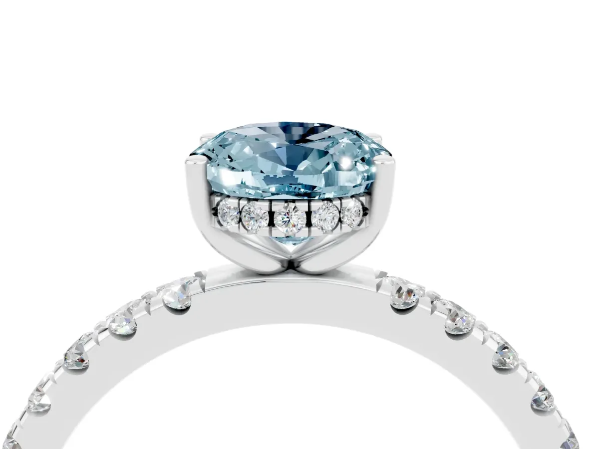 Oval Cut Aquamarine Pave Band Solitaire Ring with Round and Prong Setting White gold