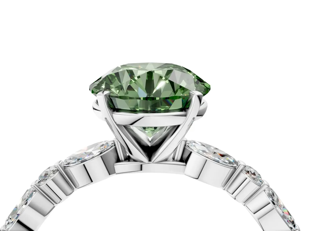 Fancy Green Round Cut Diamond Ring with Marquise and Round Side Stones and Four-Prong Setting Silver