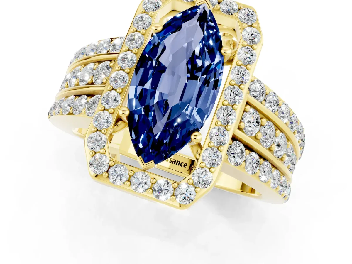 Marquise Cut Halo Blue Sapphire Ring with Round Split Shank and Prong Setting Yellow gold