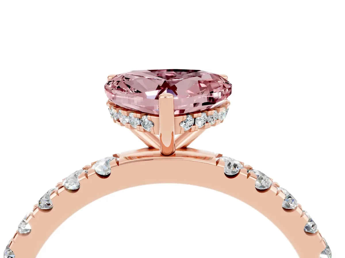 Heart Cut Morganite Pave Band Solitaire Ring with Round and Prong Setting Rose gold