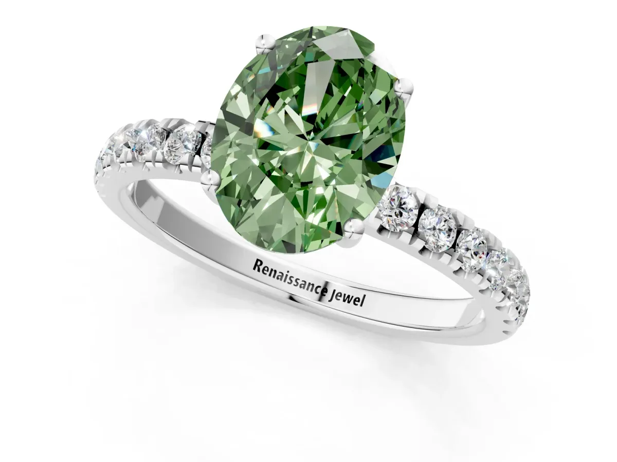 Fancy Green Oval Cut Diamond Pave Band Solitaire Ring with Round and Prong Setting Platinum