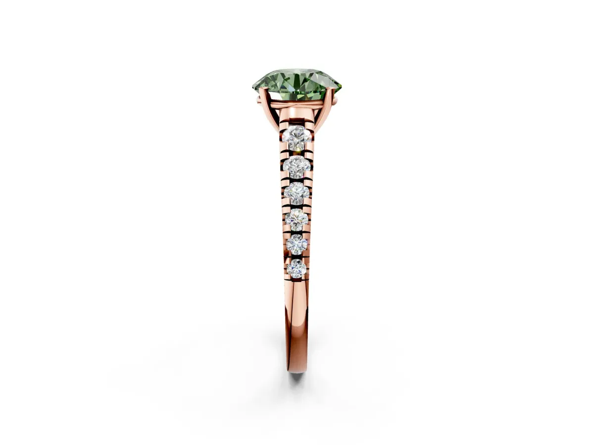 Fancy Green Round Cut Diamond Cathedral Solitaire Ring with Round Pavé Band Rose gold