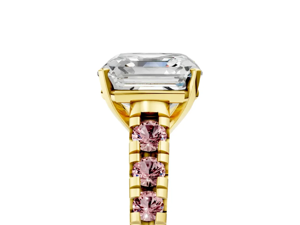 Asscher Cut Diamond Cathedral Solitaire Ring with Round Morganite Pavé Band Yellow gold