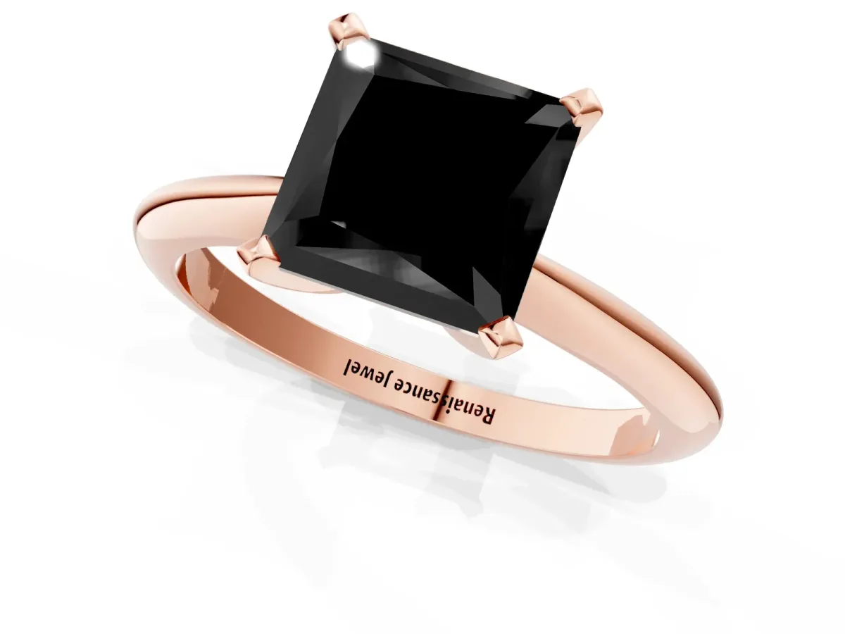 Fancy Black Princess Cut Diamond Solitaire Engagement Ring with Classic Band and Four-Prong Setting Rose gold