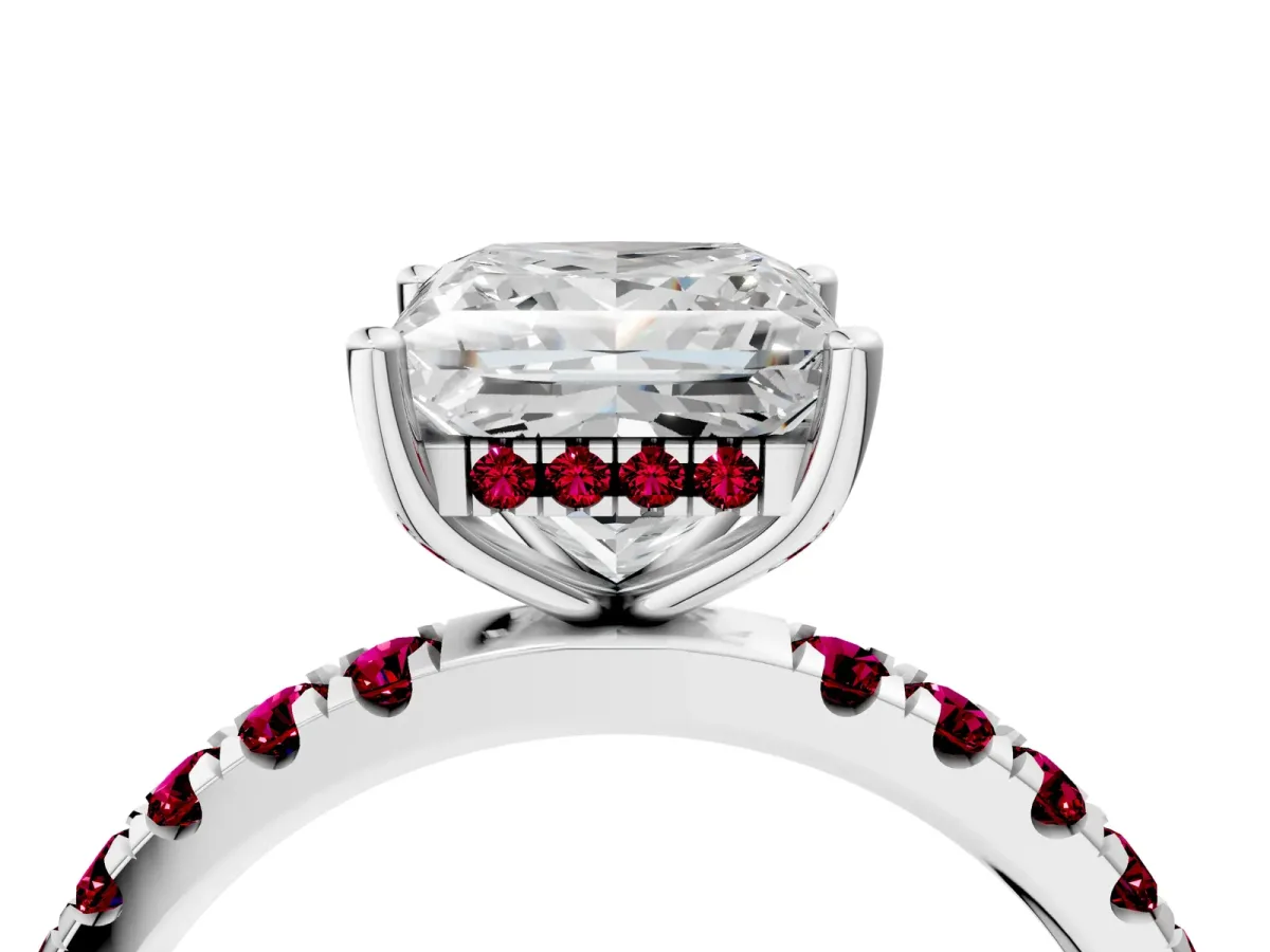 Princess Cut Diamond Pave Band Solitaire Ring with Round Garnet and Prong Setting Silver