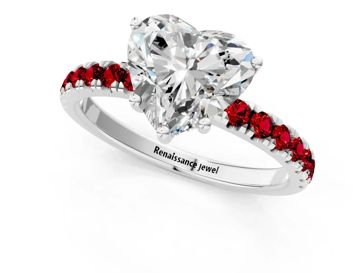 Heart Cut Diamond Pave Band Solitaire Ring with Round Ruby and Prong Setting Silver