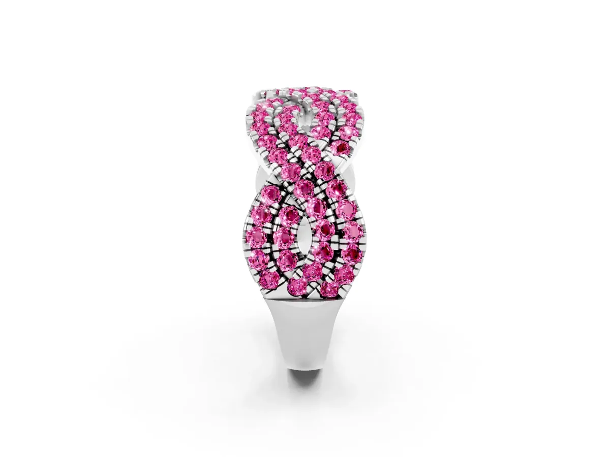 Pavé Round Pink Sapphire Infinity Twist Band with Shared Prong Setting White gold
