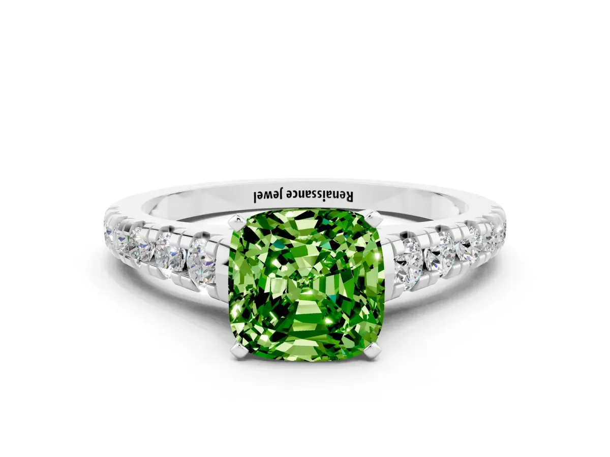 Cushion Cut Peridot Cathedral Solitaire Ring with Round Pavé Band Silver