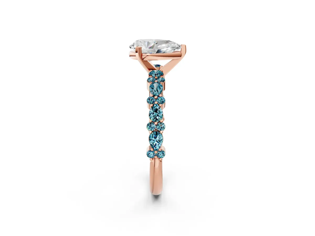 Pear Cut Diamond Side Stone Solitaire Ring with Round Blue Topaz and Four-Prong Setting Rose gold