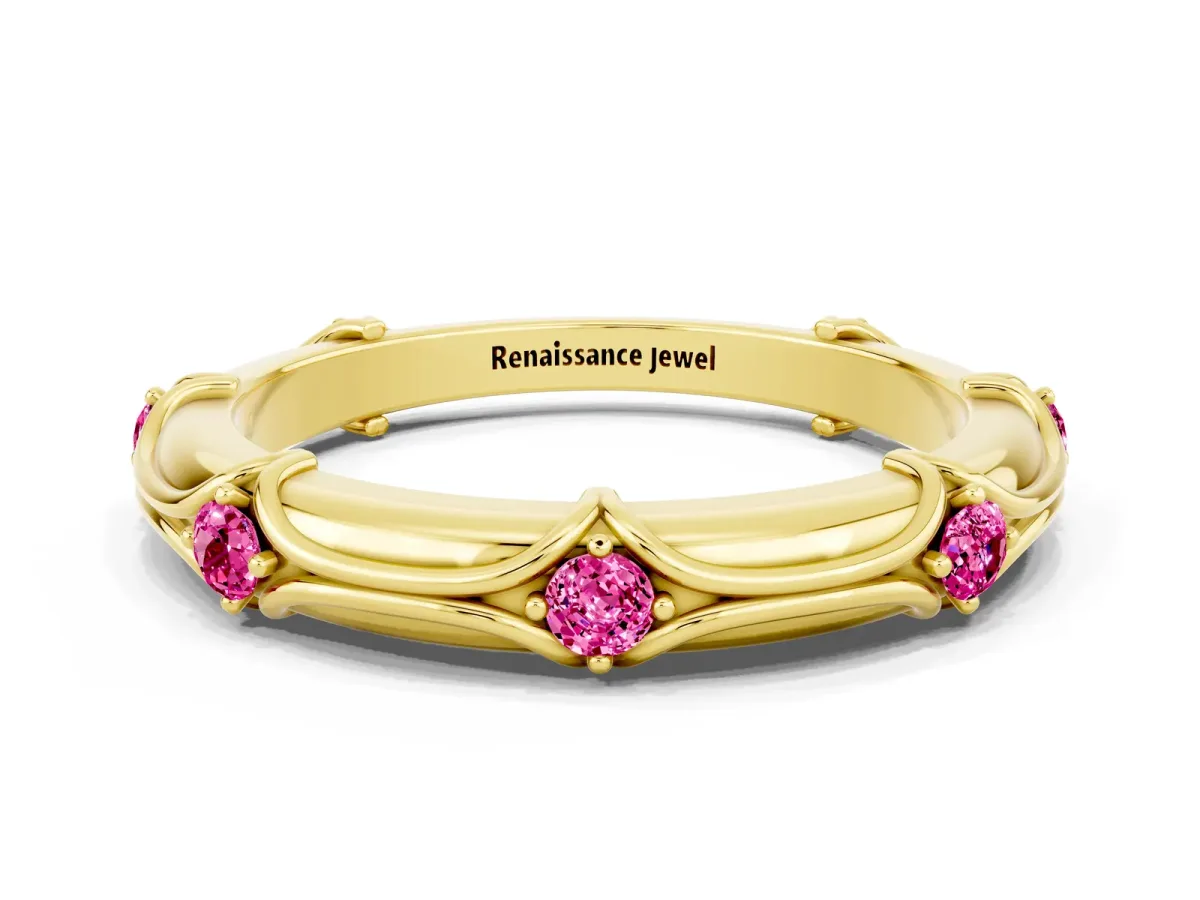 Round Pink Sapphire Prong Set Milgrain Eternity Band Yellow gold