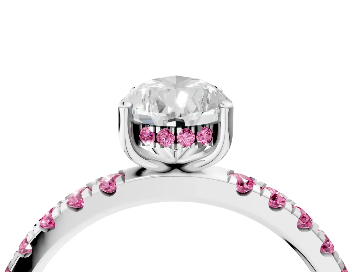 Pear Cut Diamond Pave Band Solitaire Ring with Round Pink Sapphire and Prong Setting White gold