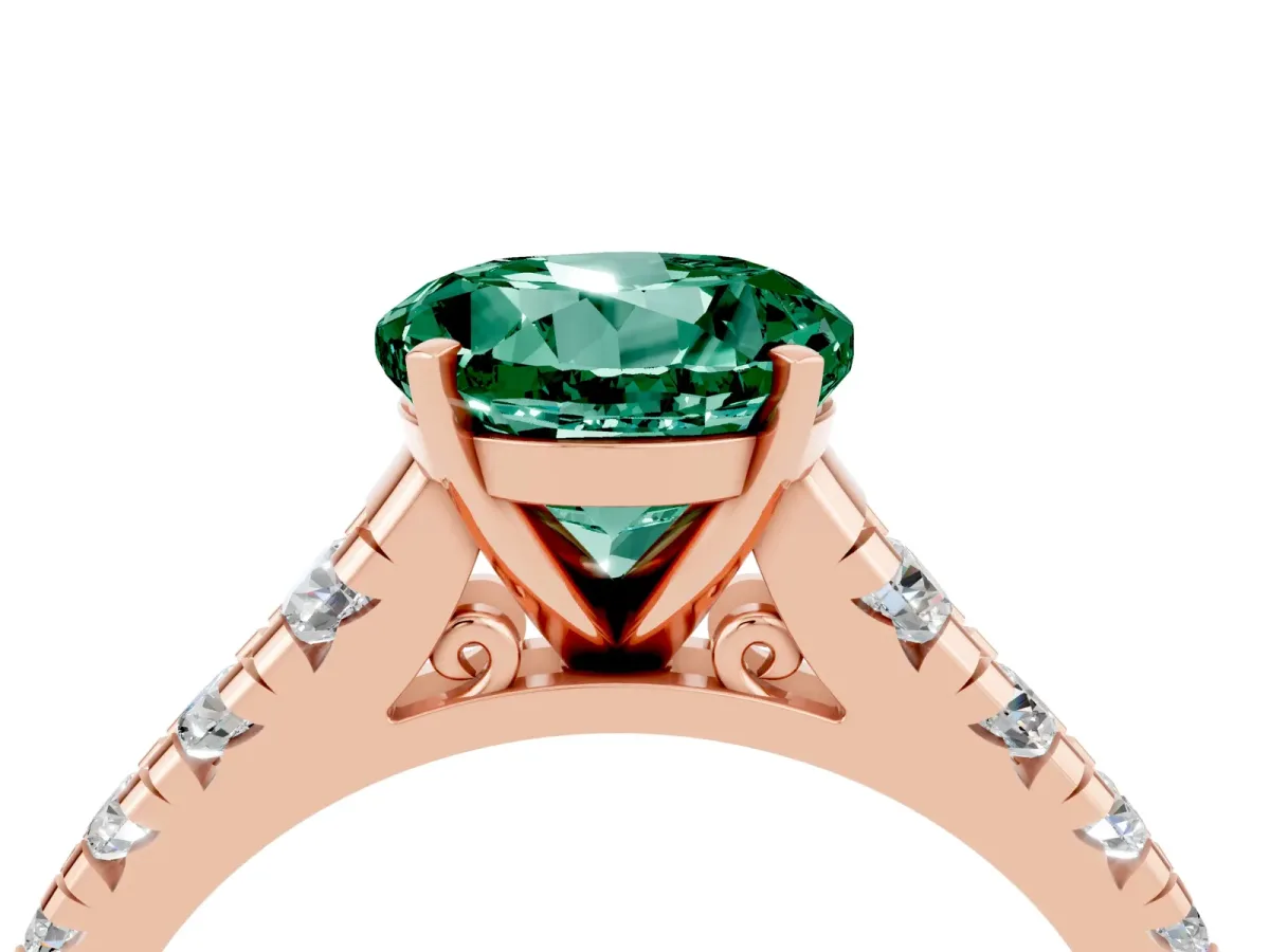 Round Cut Green Sapphire Cathedral Solitaire Ring with Round Pavé Band Rose gold