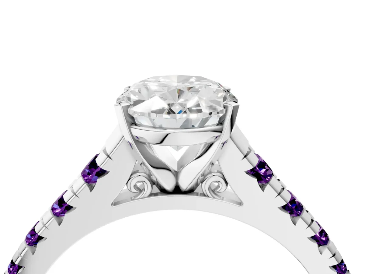 Oval Cut Diamond Cathedral Solitaire Ring with Round Amethyst Pavé Band White gold