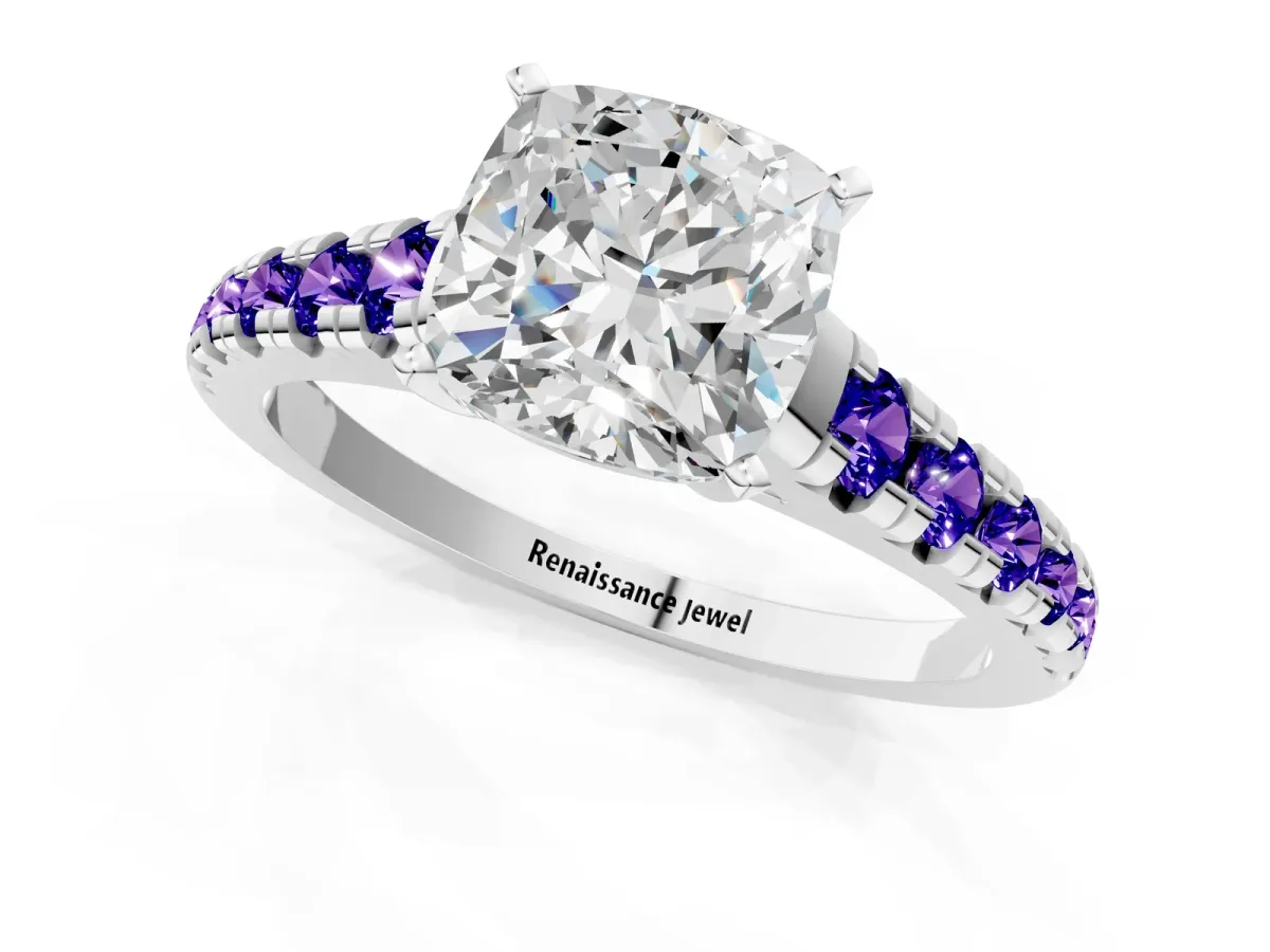 Cushion Cut Diamond Cathedral Solitaire Ring with Round Tanzanite Pavé Band Silver
