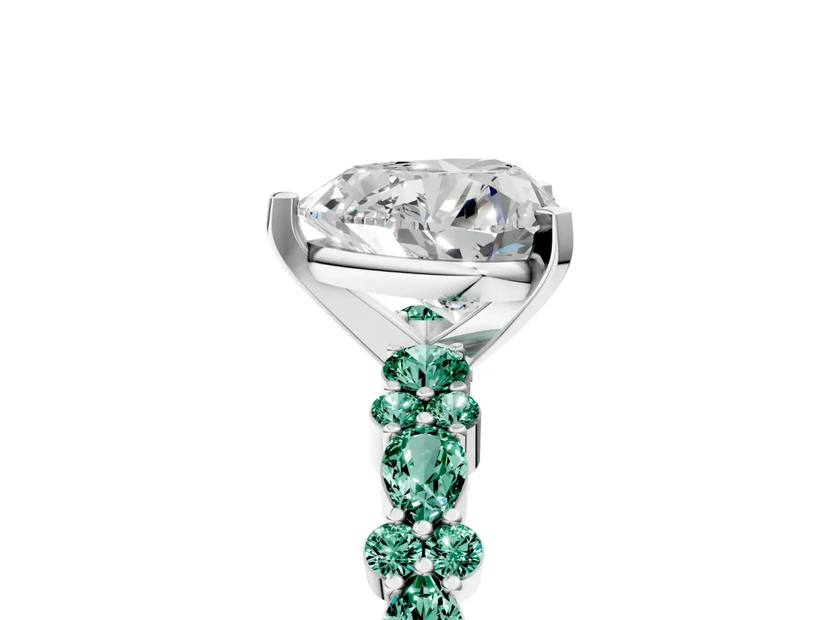 Heart Cut Diamond Side Stone Solitaire Ring with Round Green Sapphire and Four-Prong Setting Platinum