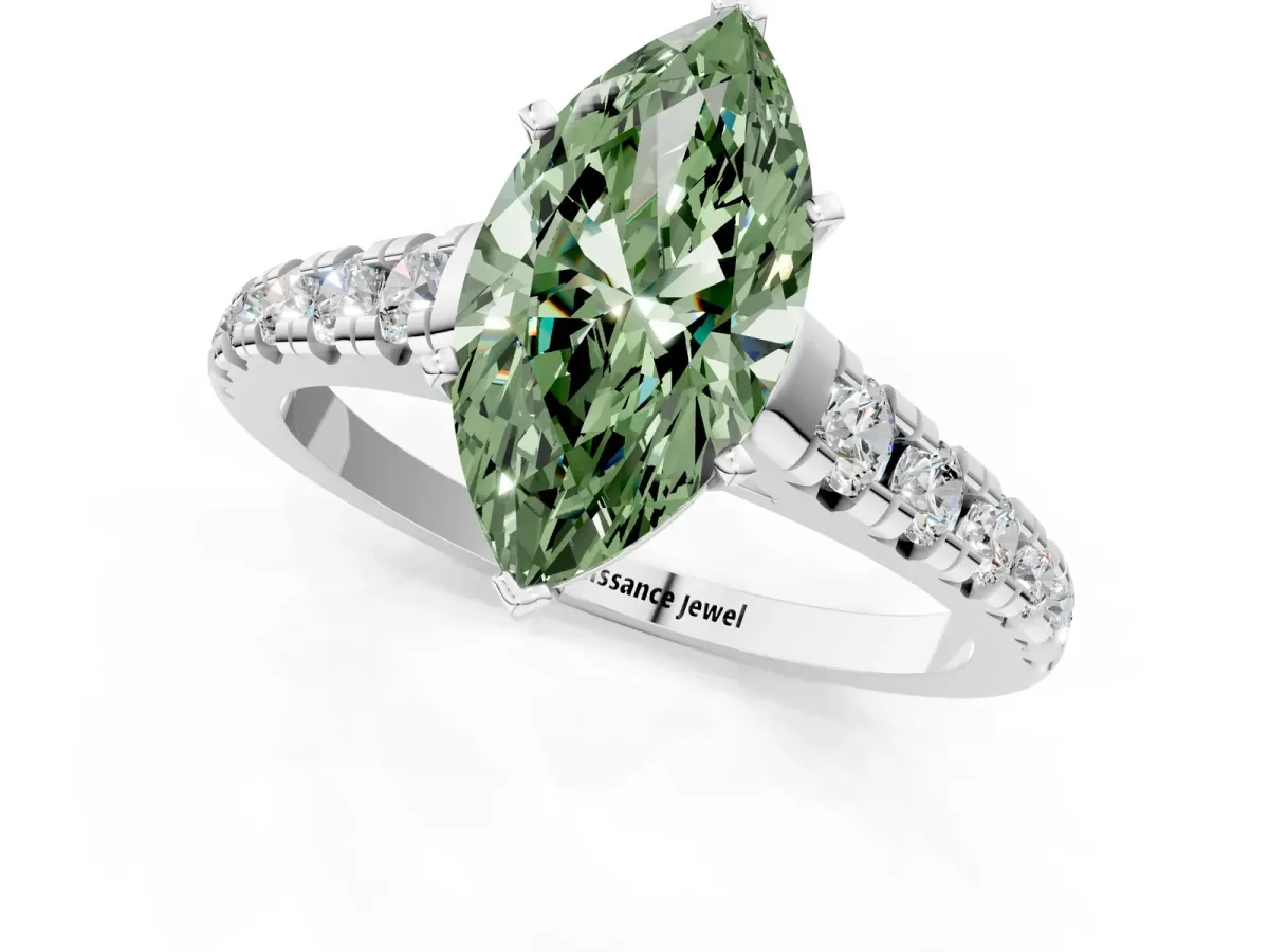 Fancy Green Marquise Cut Diamond Cathedral Solitaire Ring with Round Pavé Band Platinum