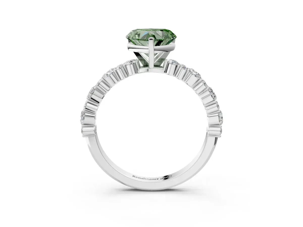 Fancy Green Heart Cut Diamond Side Stone Solitaire Ring with Round and Four-Prong Setting Platinum