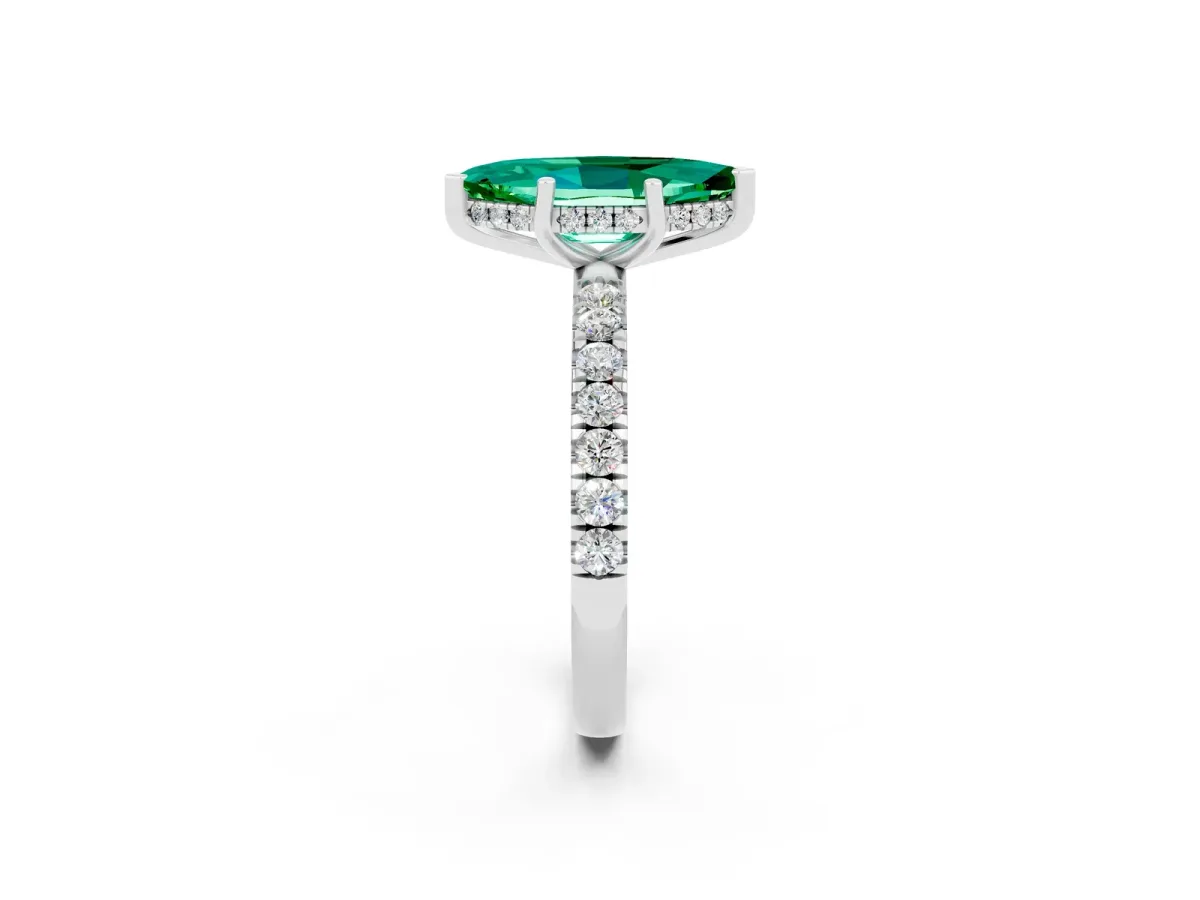 Marquise Cut Emerald Pave Band Solitaire Ring with Round and Prong Setting Platinum