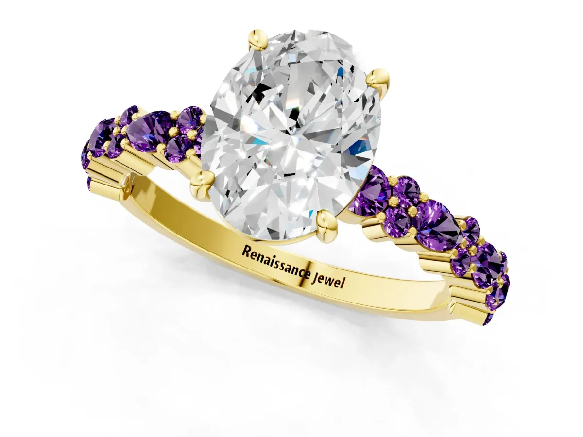 Oval Cut Diamond Side Stone Solitaire Ring with Round Amethyst and Four-Prong Setting Yellow gold