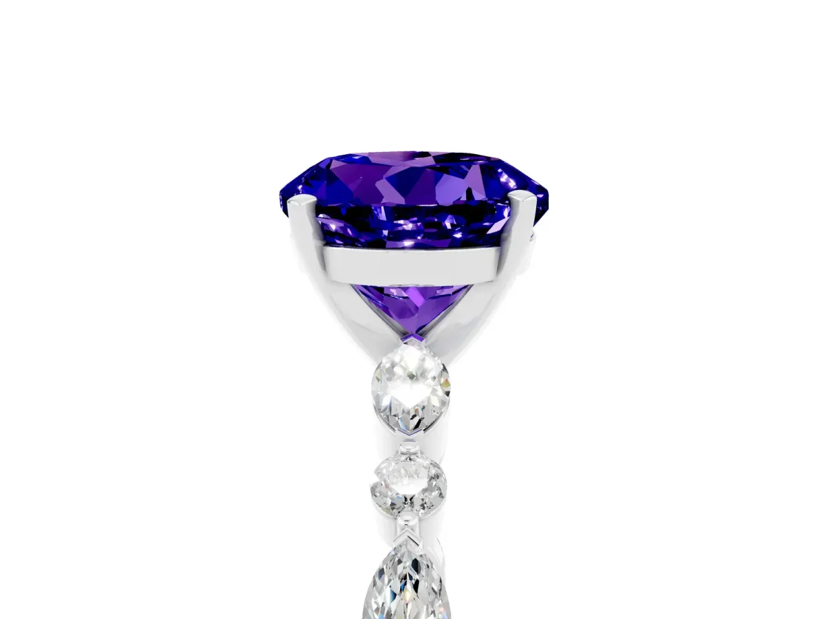 Round Cut Tanzanite Ring with Marquise and Round Side Stones and Four-Prong Setting Platinum